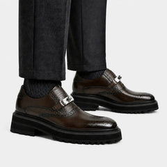 Coffee brown crocodile trim single monk shoes on foot