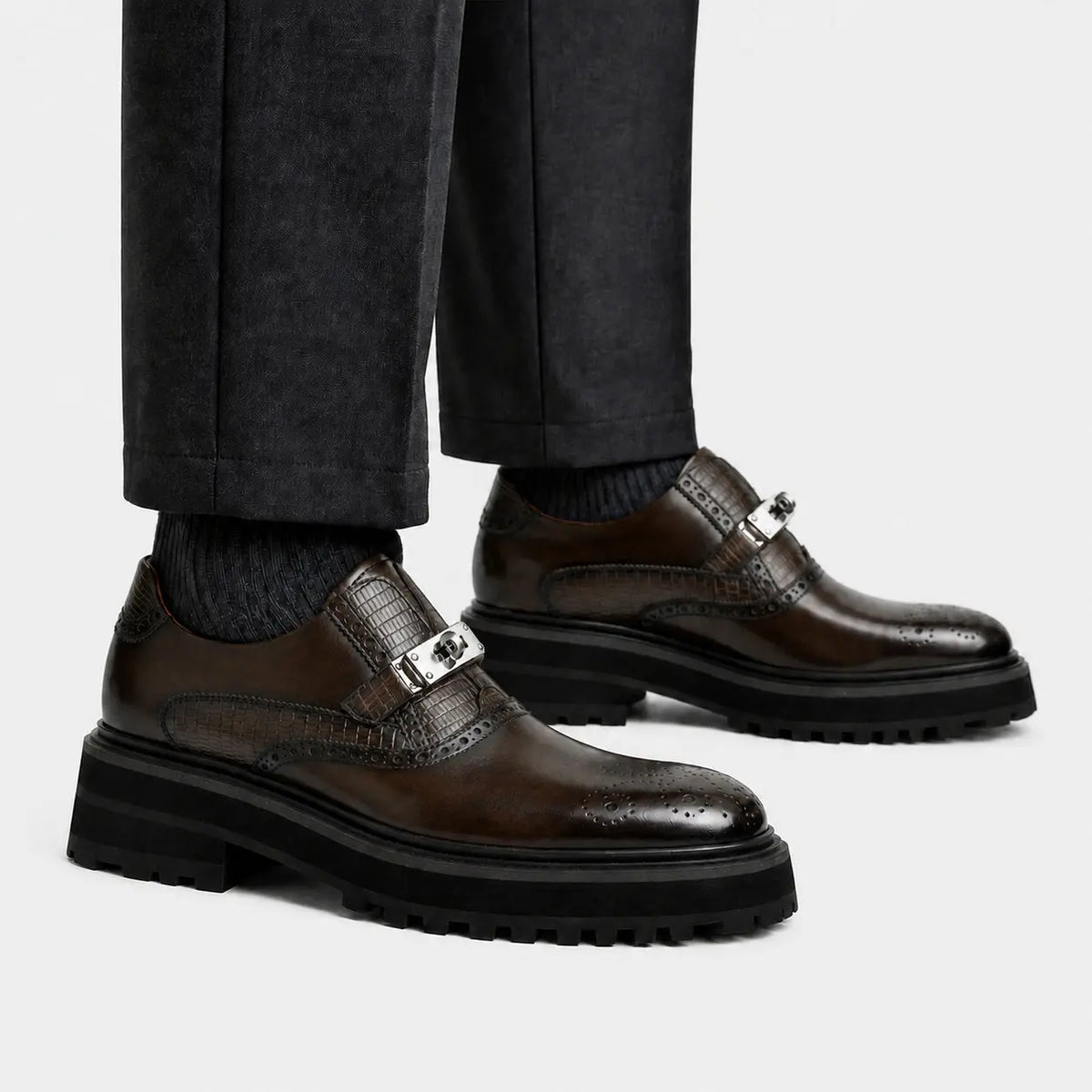 Coffee brown crocodile trim single monk shoes on foot