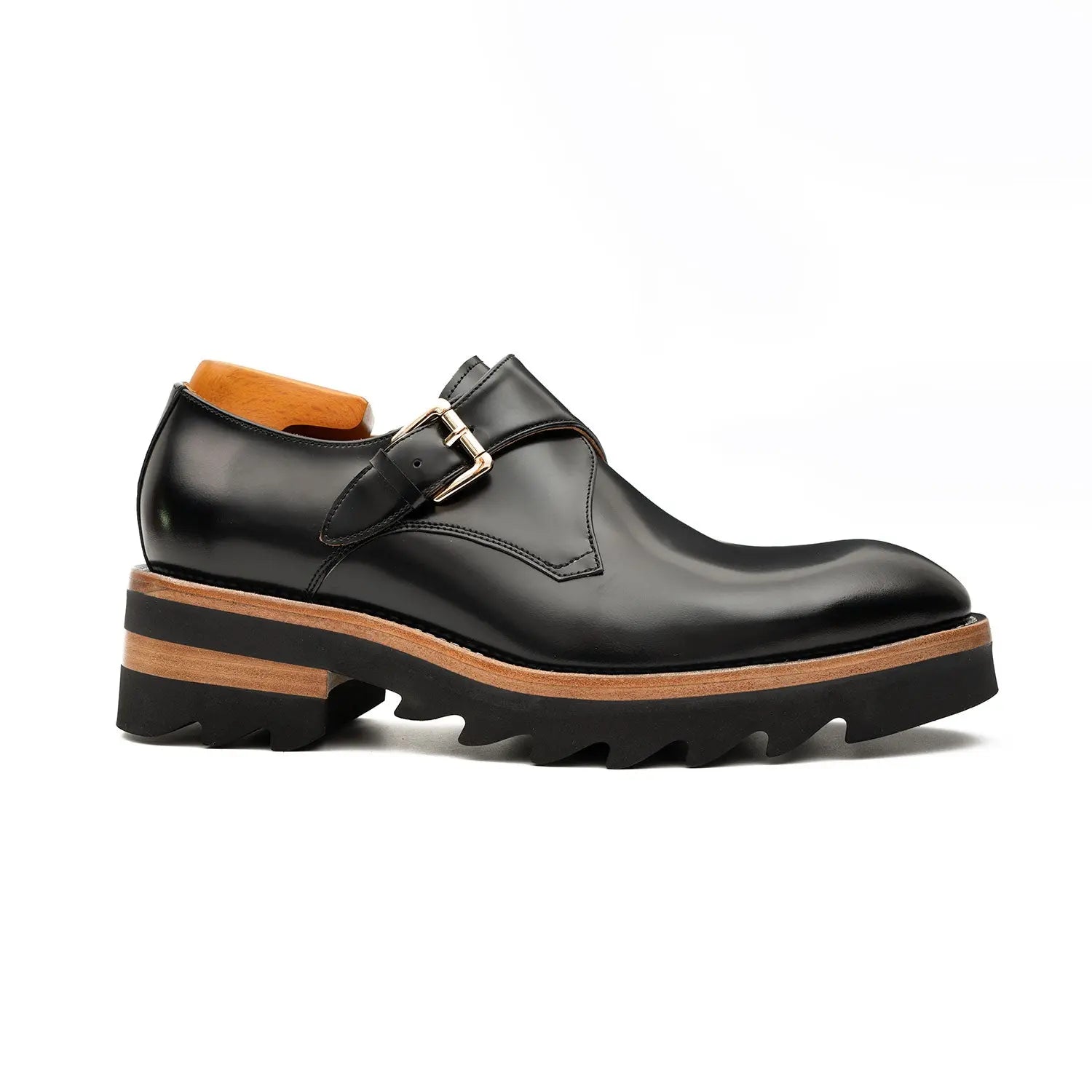 Black Leather Monk Strap Shoes with Chunky Soles DIVINCH