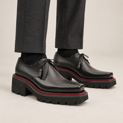 Black Pebbled Calfskin Derby Shoes with Lace-End Tassels DIVINCH on-foot studio view