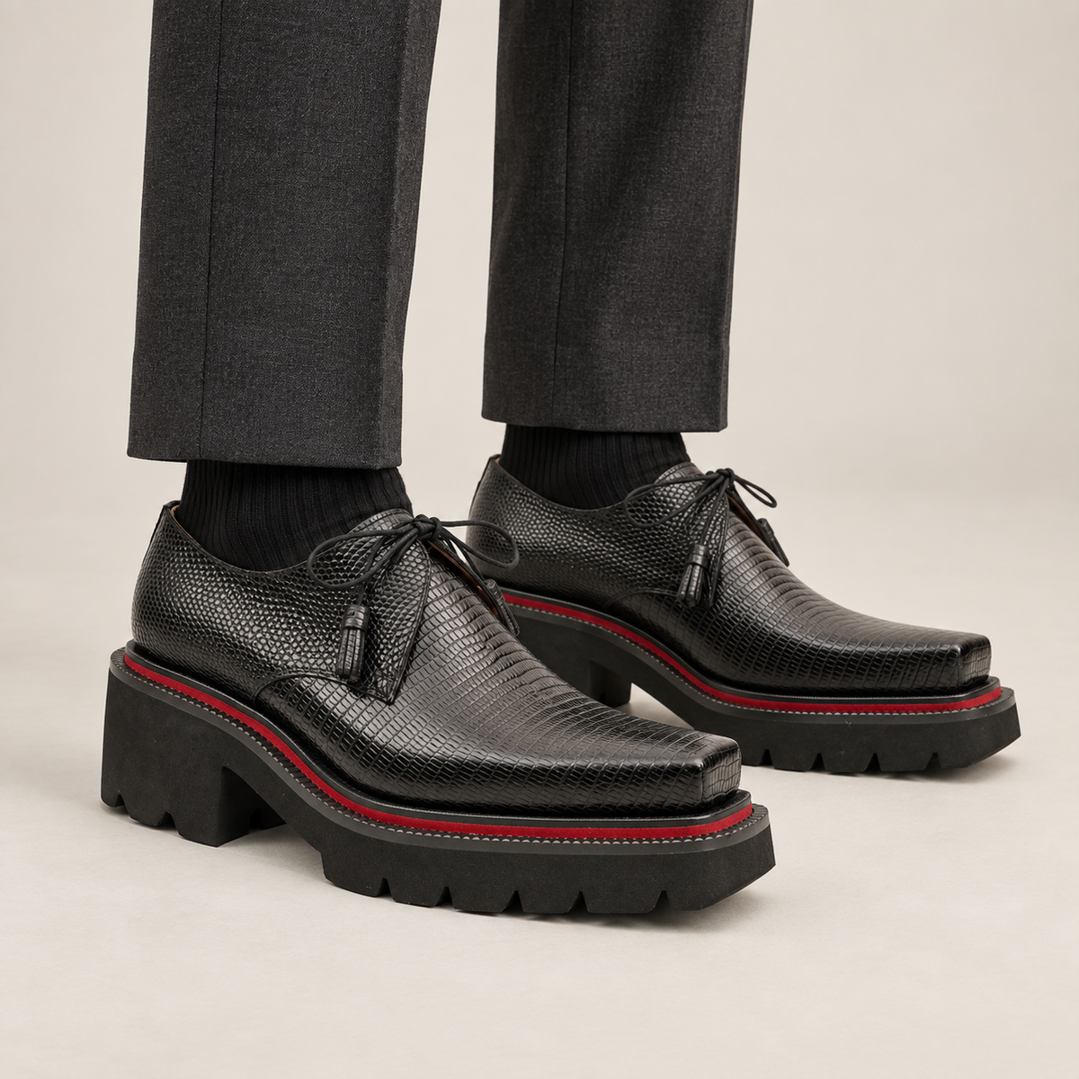 Black Pebbled Calfskin Derby Shoes with Lace-End Tassels DIVINCH on-foot studio view