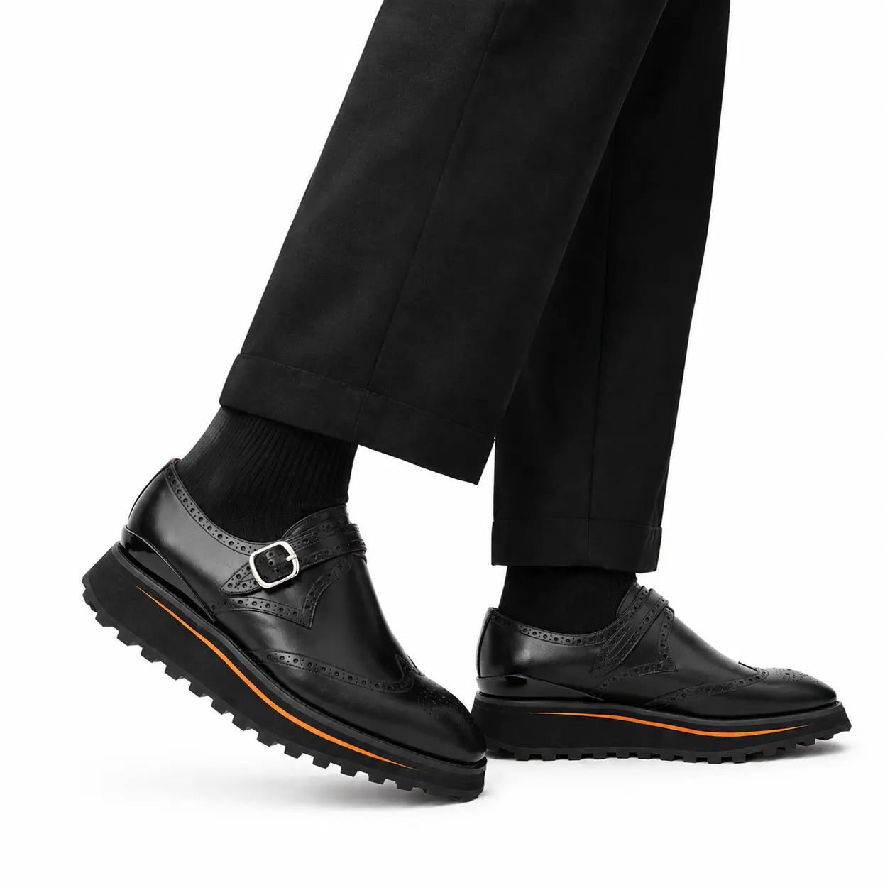 Onyxschwarze Brogue-Mönchriemen-Schuhe
