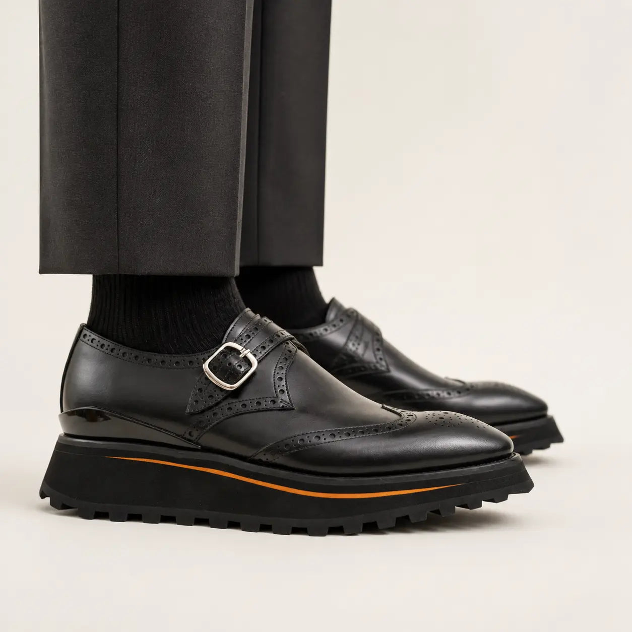 DIVINCH Black Lug Monk Derby on foot — warm studio side profile