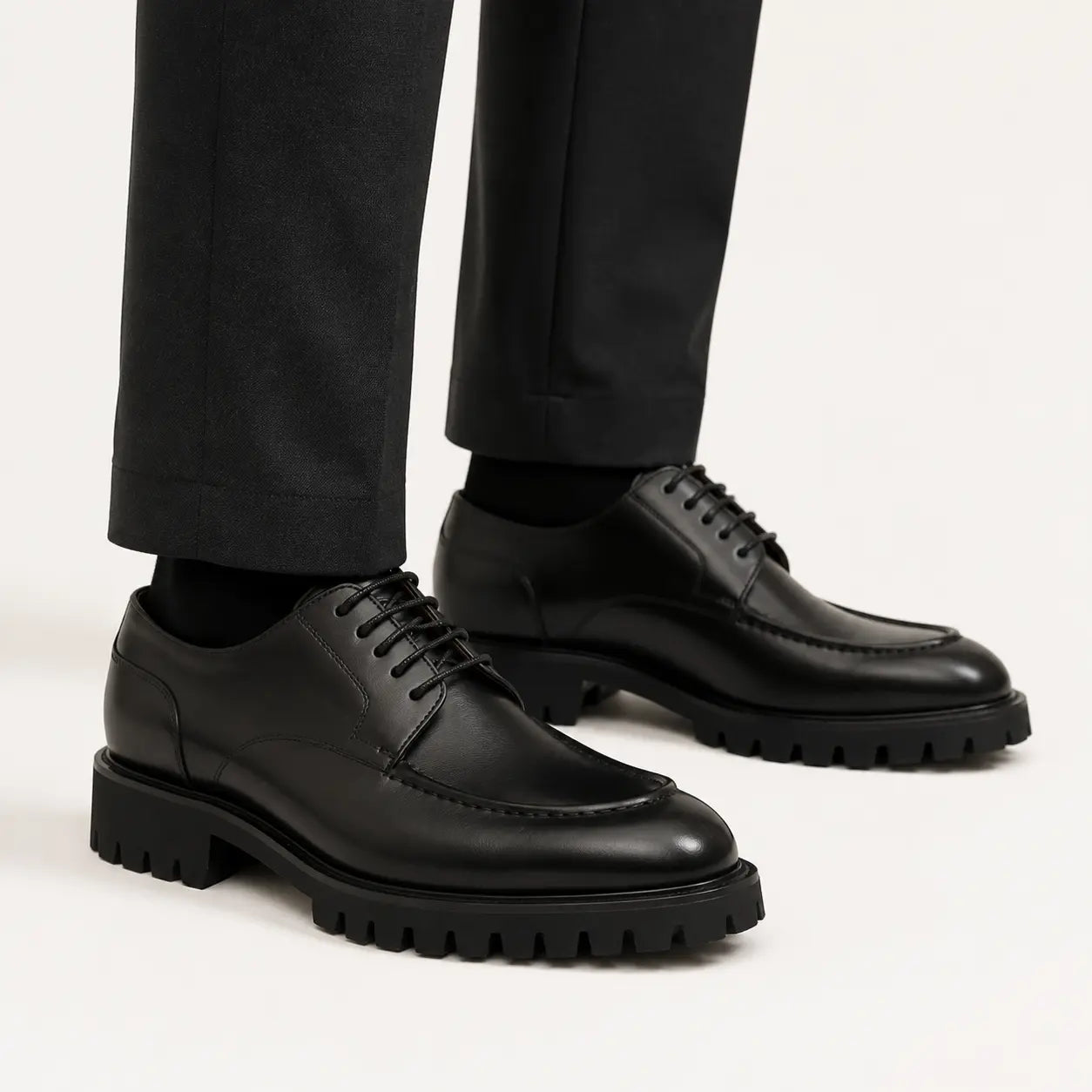 Black Lug Sole Apron Derby — on-foot studio view