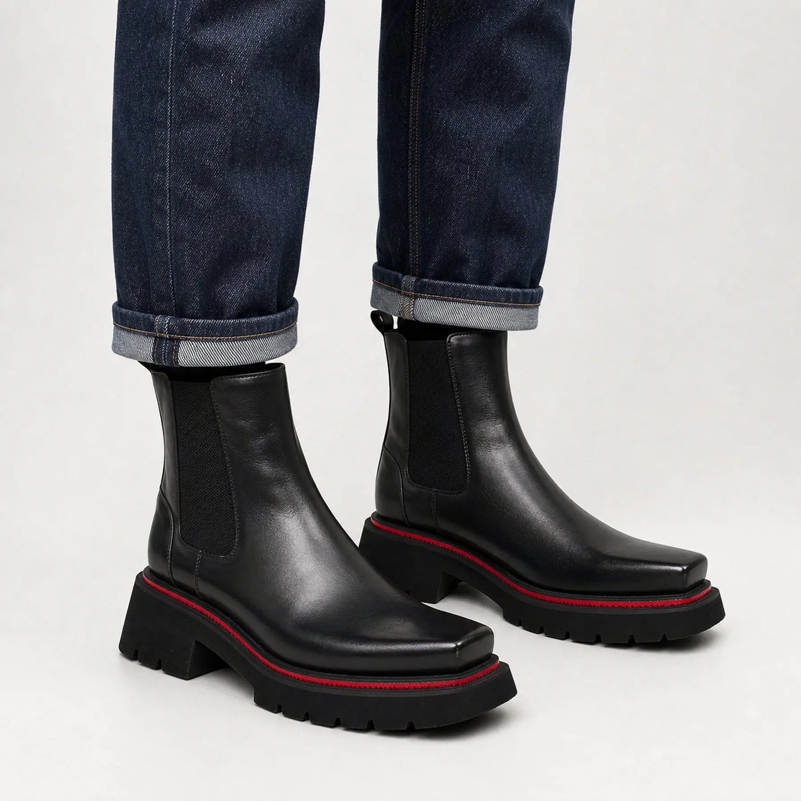 DIVINCH 5036B black lug sole Chelsea boots on foot