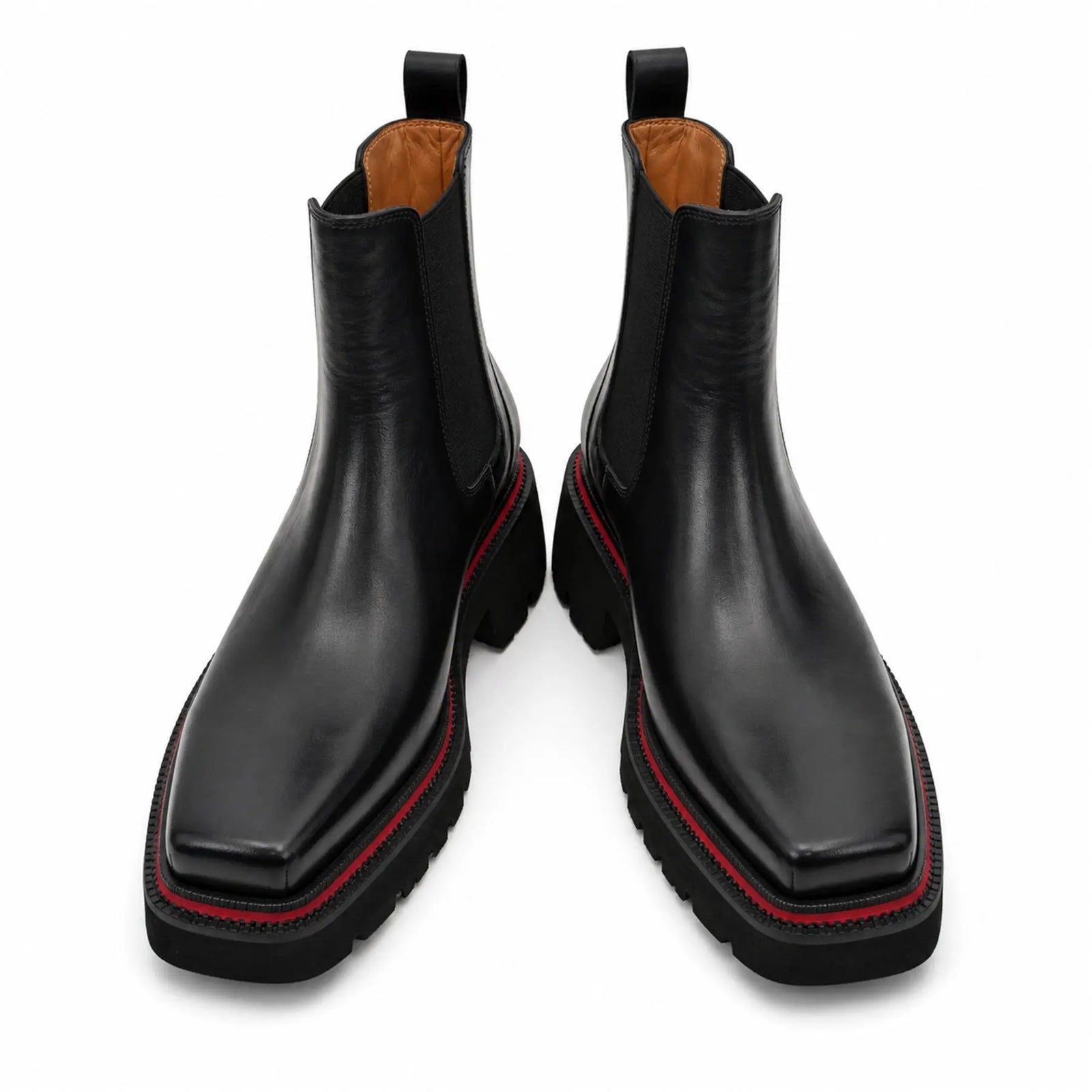 DIVINCH 5036B black lug sole Chelsea boots white background front pair view