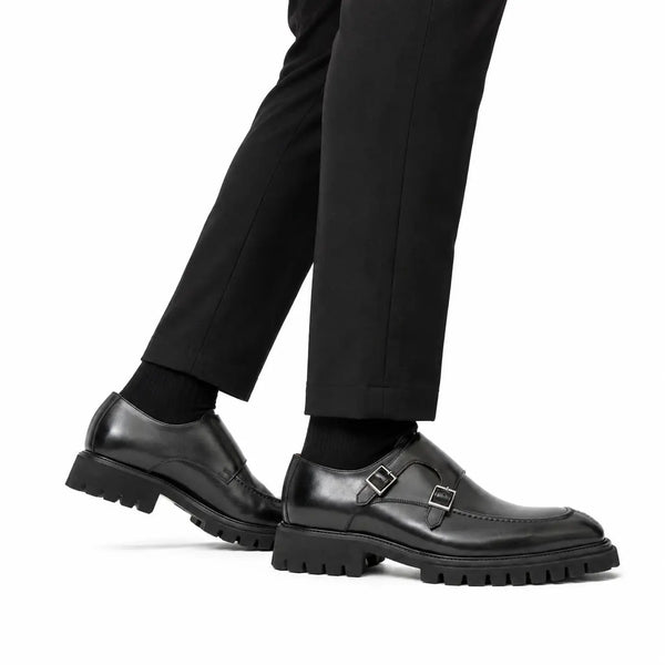 Zapatos de Doble Hebilla Monje Negros con Suela Rugosa