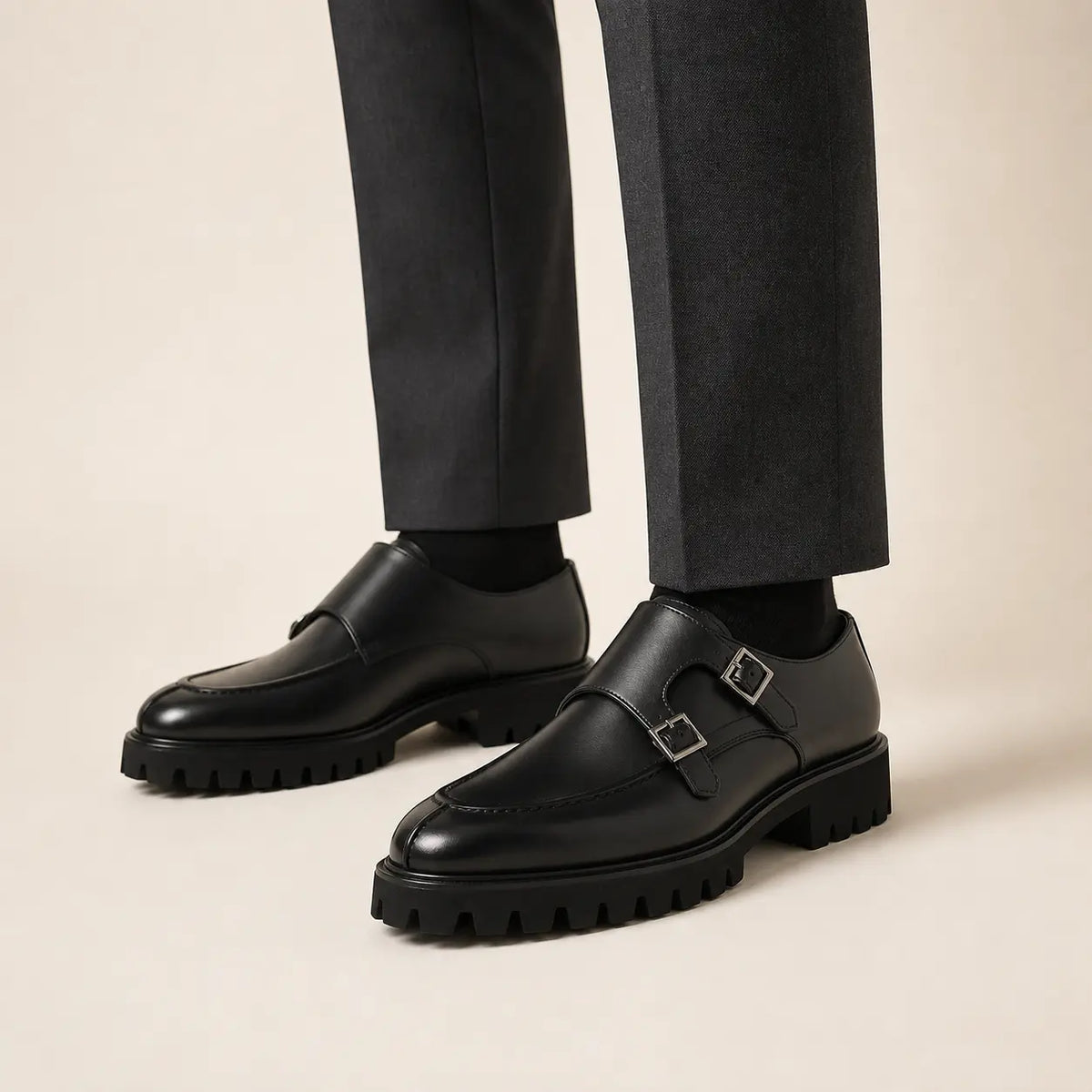 Black Lug Sole Monk Derby — on-foot studio view