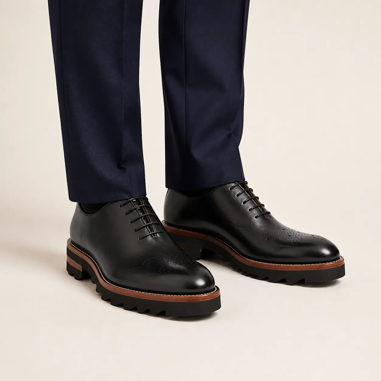 Black Lug Sole Oxford — on-foot studio view