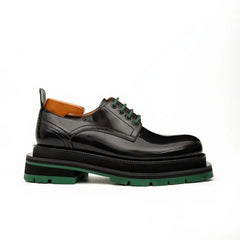 DIVINCH 8222KB-L black derby shoe side profile with green laces and green lug sole