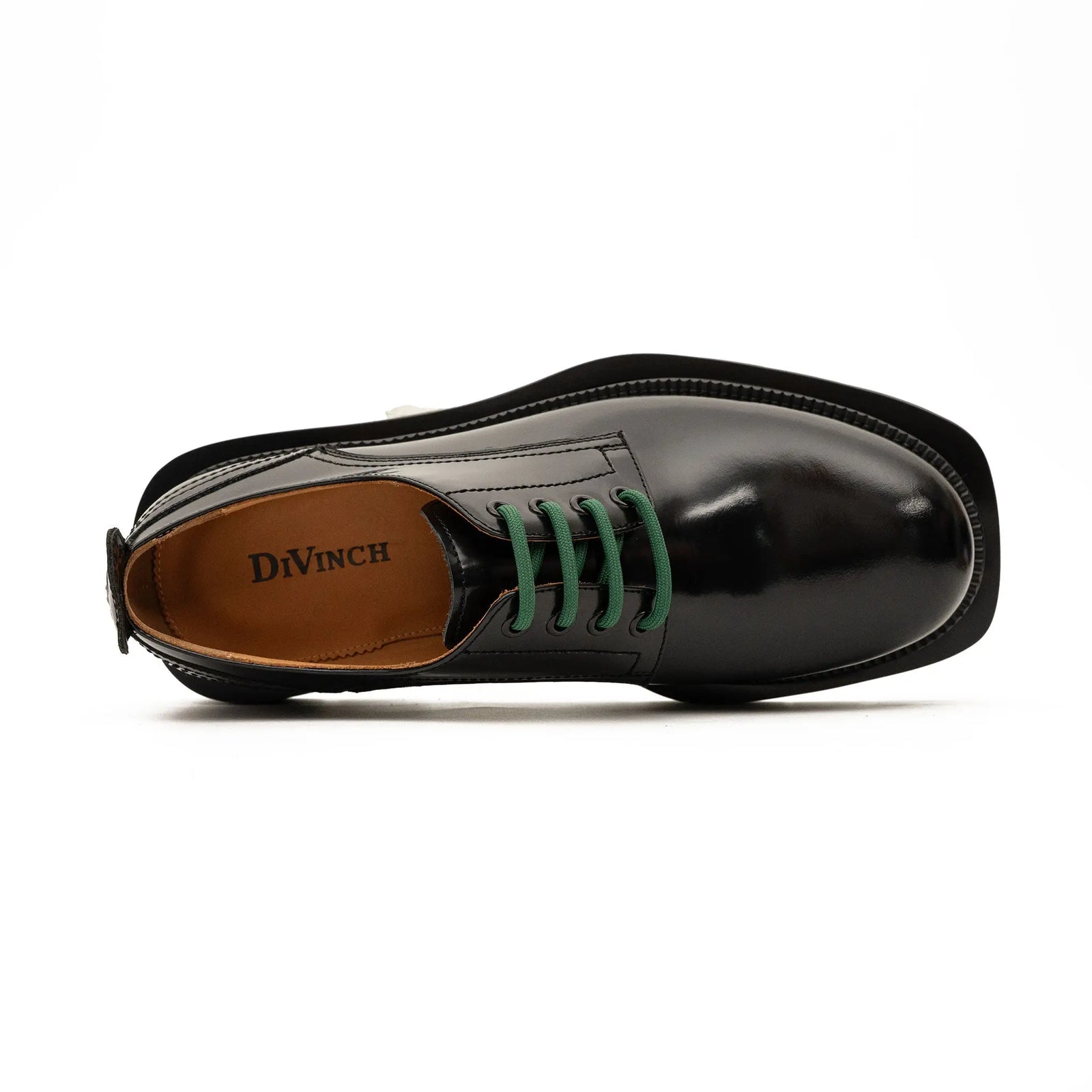 DIVINCH 8222KB-L black derby shoe top detail with tan lining and green laces