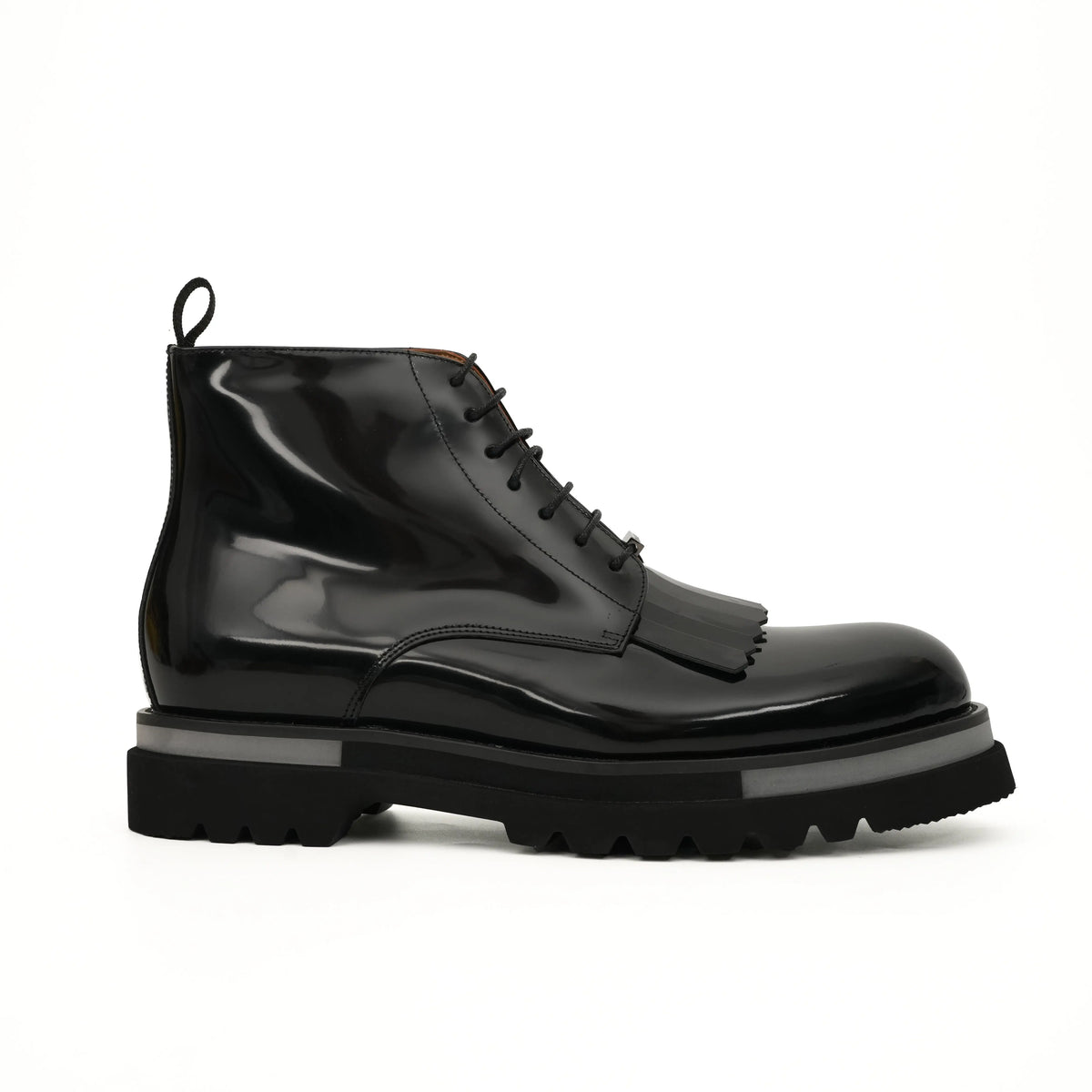 Black Patent Fringe Lug Sole Boots DIVINCH