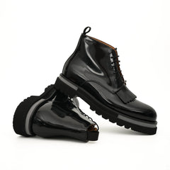 Black Patent Fringe Lug Sole Boots DIVINCH