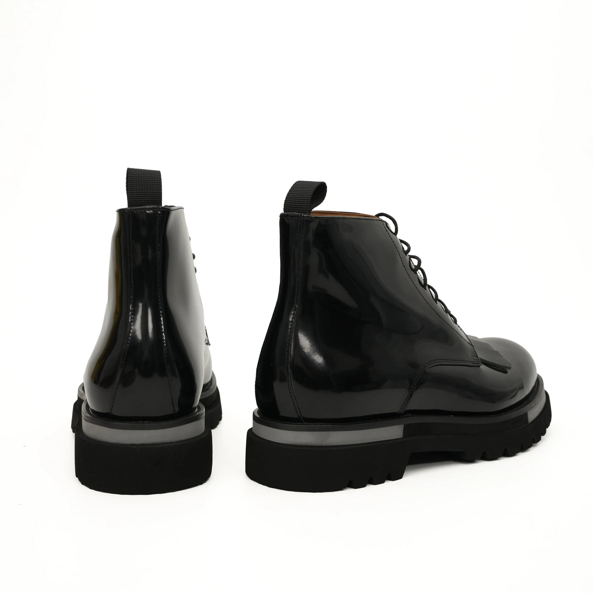Black Patent Fringe Lug Sole Boots DIVINCH