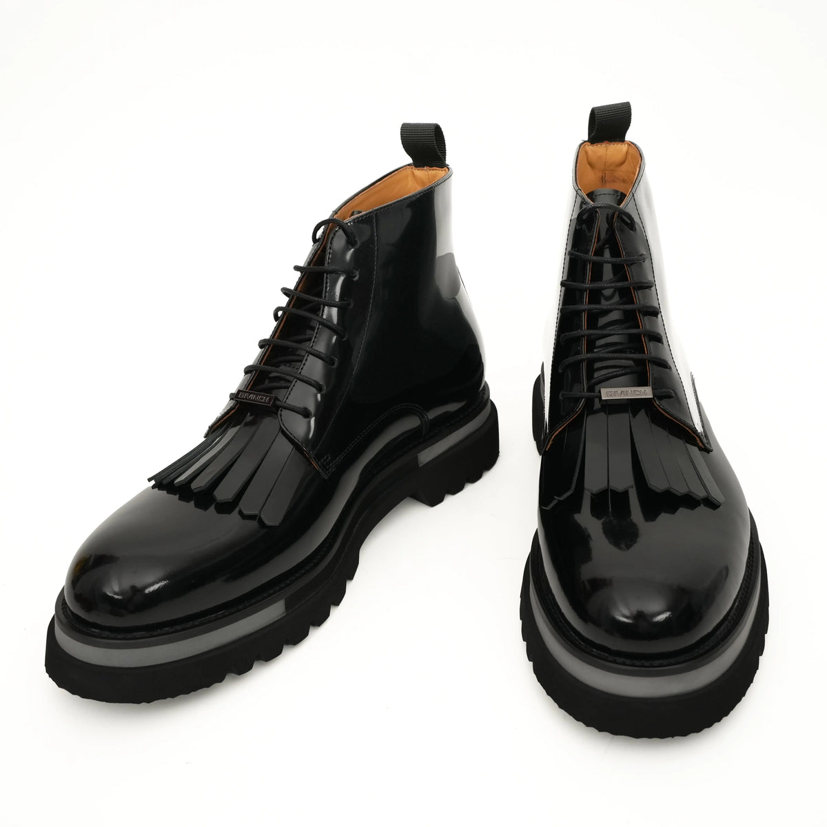 Black Patent Fringe Lug Sole Boots DIVINCH