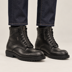 DIVINCH 5106B black calf leather front-zip lug-sole ankle boots on foot