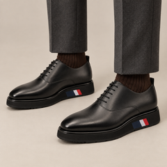 Black platform plain-toe lace-up shoes — user-selected balanced premium on-foot studio view