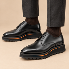 Black Plain-Toe Derby Shoes with Brown-Edge Lug Sole — DIVINCH hero