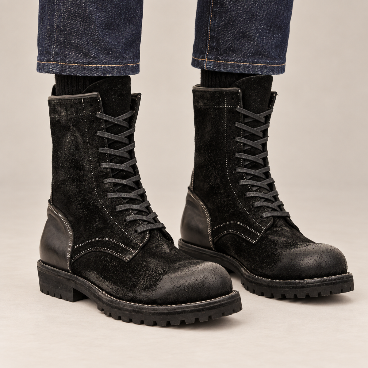 Black Textured Lug-Sole Plain-Toe Lace-up Boot DIVINCH on-foot studio view