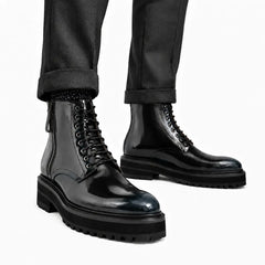 Black Polished Lace-Up Lug Boots