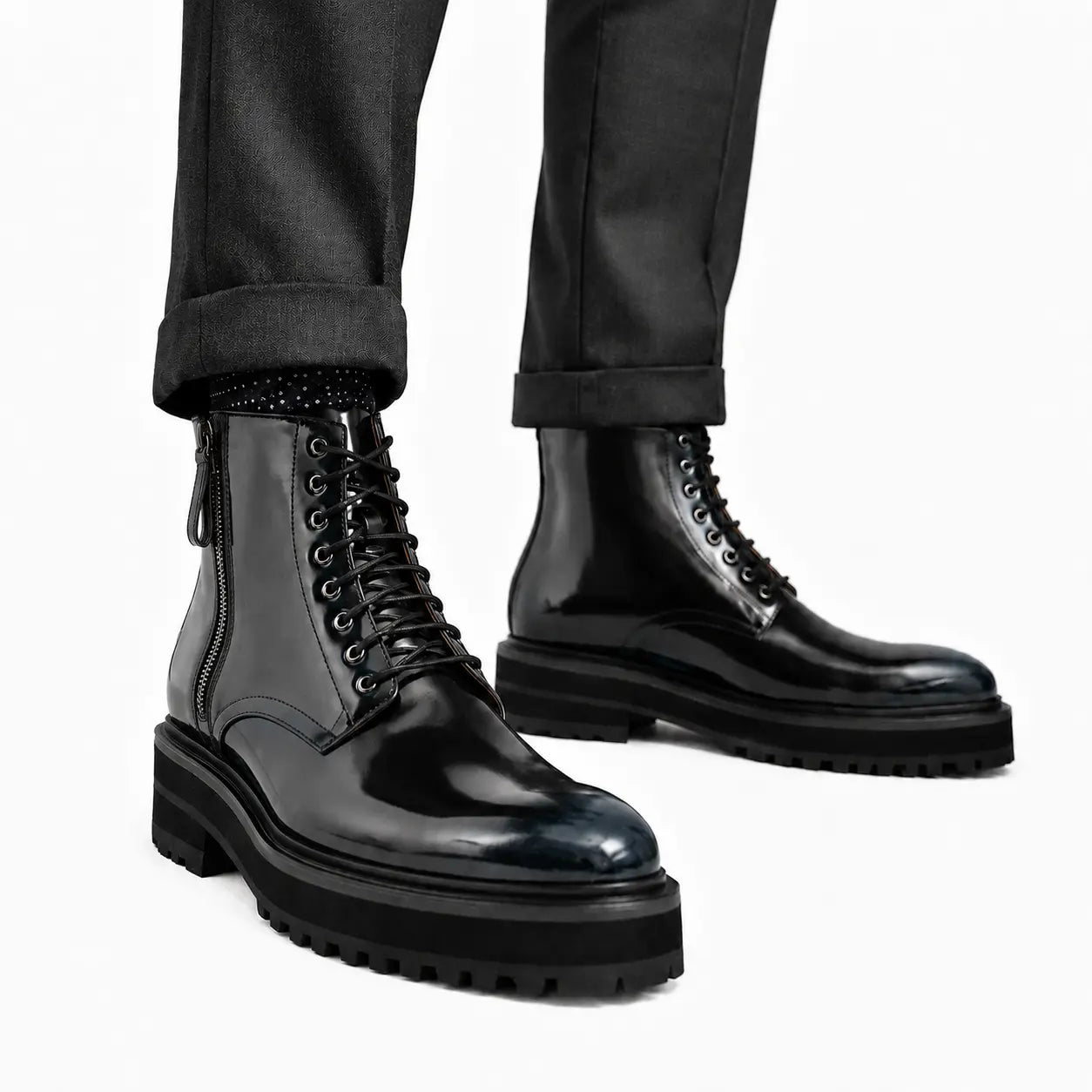 Black Polished Lace-Up Lug Boots
