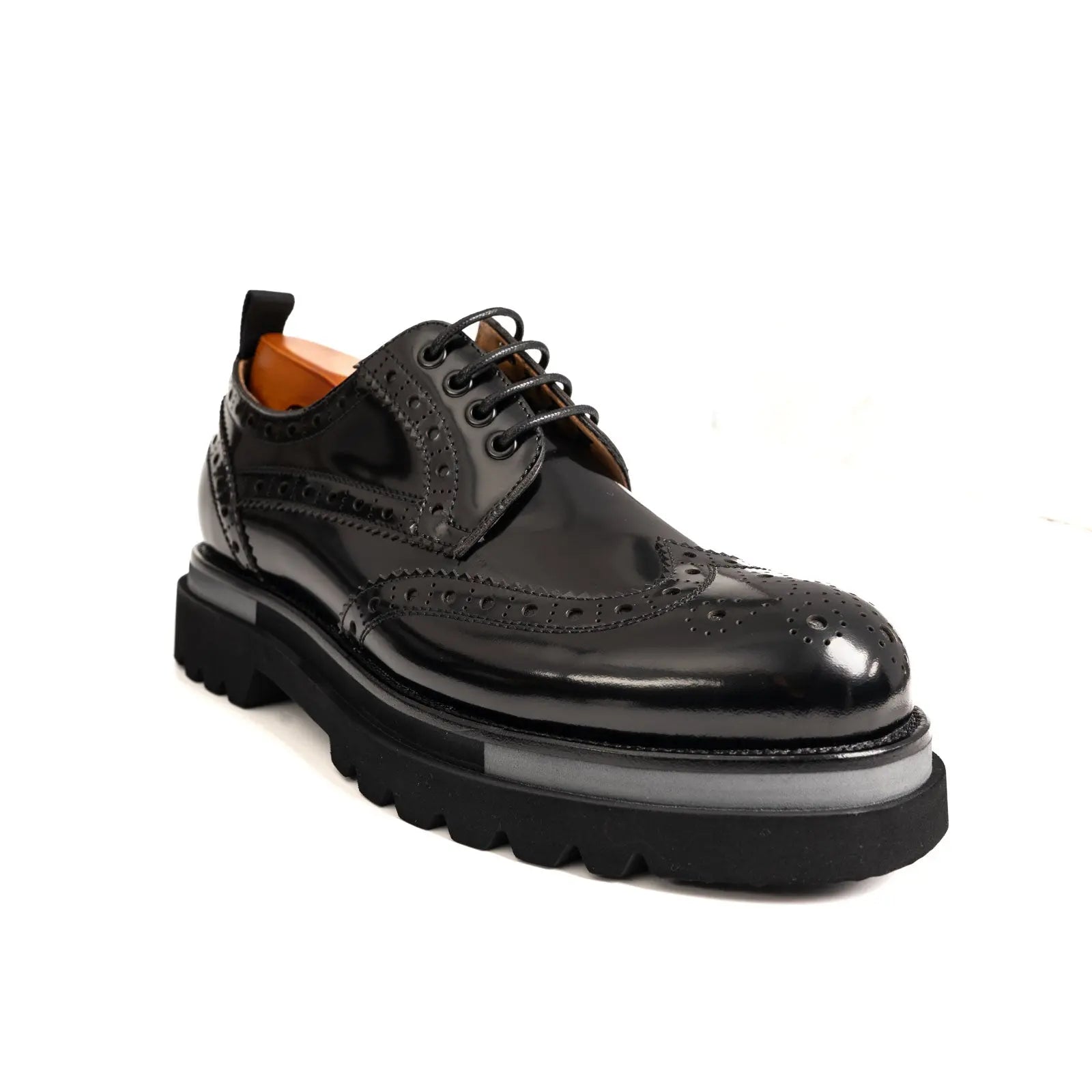 Black Polished Leather Lug Sole Brogues Divinch