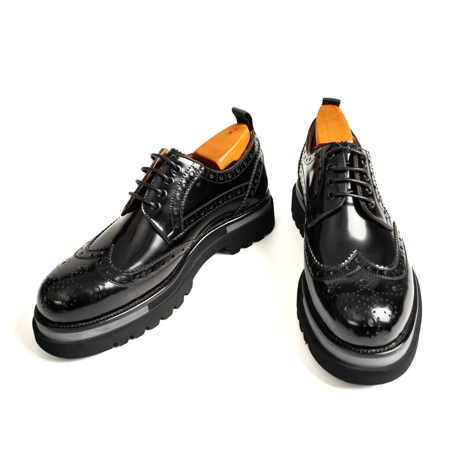 Black Polished Leather Lug Sole Brogues Divinch