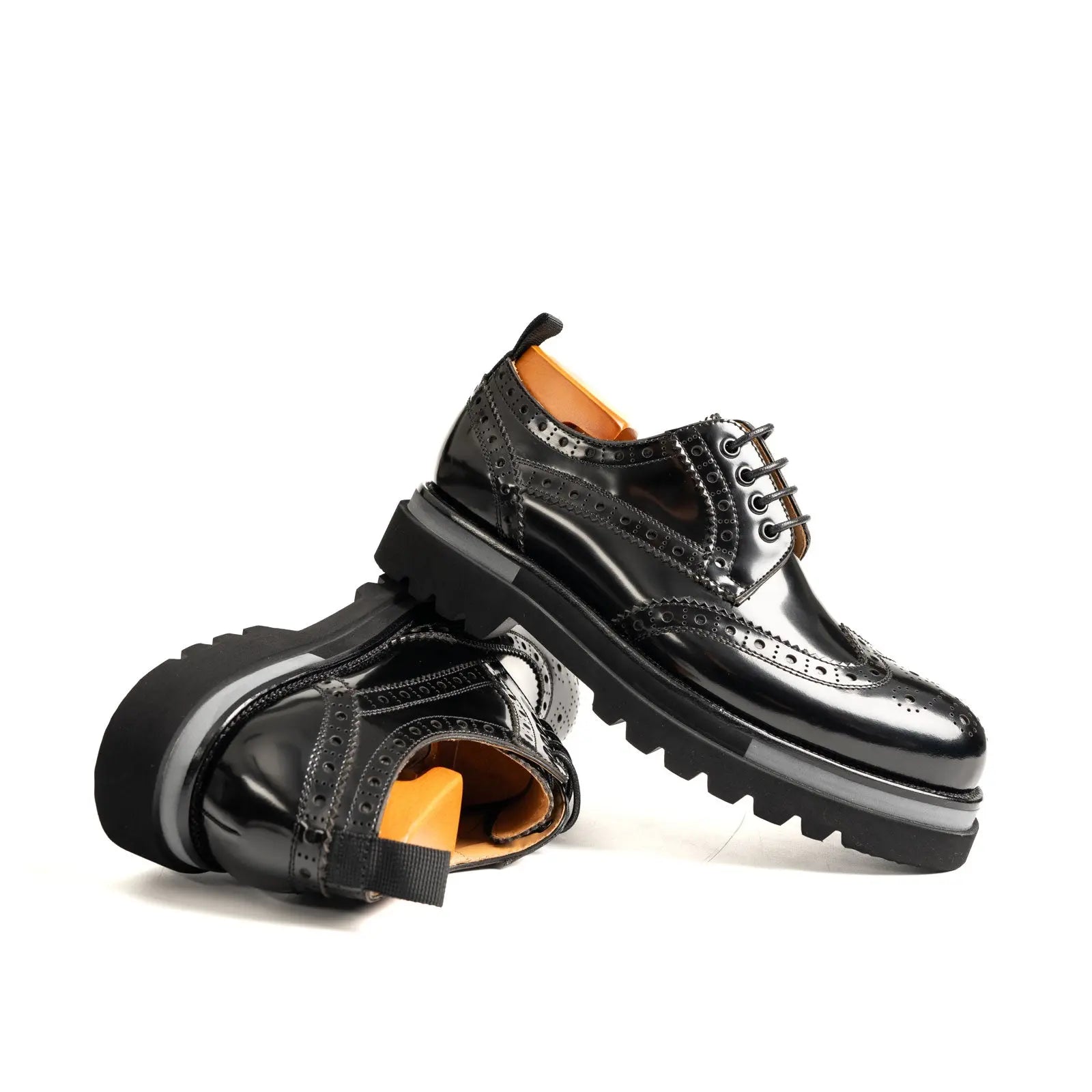 Black Polished Leather Lug Sole Brogues Divinch