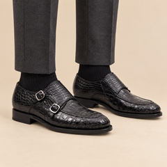 Black Scale-Pattern Double Monk Strap Shoes