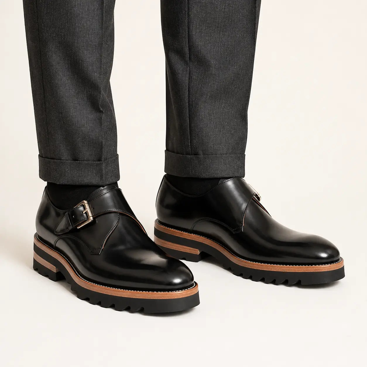 Black Single Monk Lug Shoe — on-foot studio view