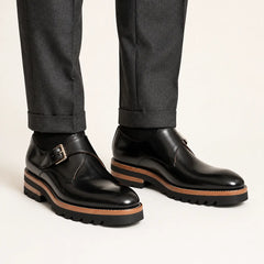 Black Single Monk Lug Shoe — on-foot studio view