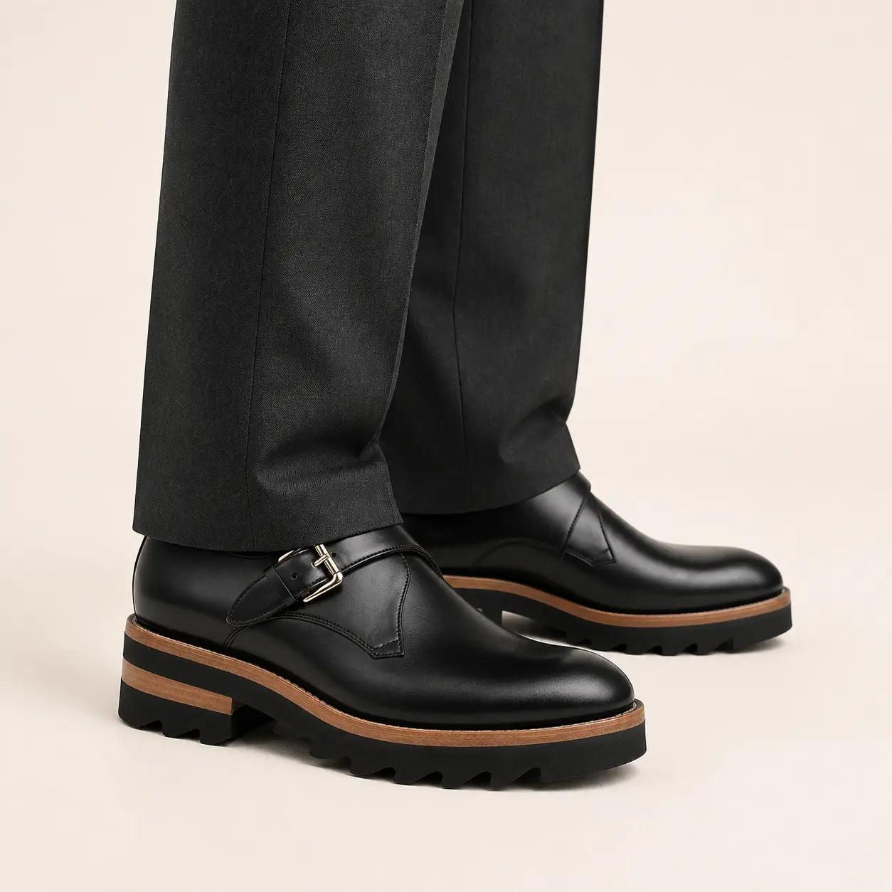 Black Single Monk Lug Shoe — on-foot studio view