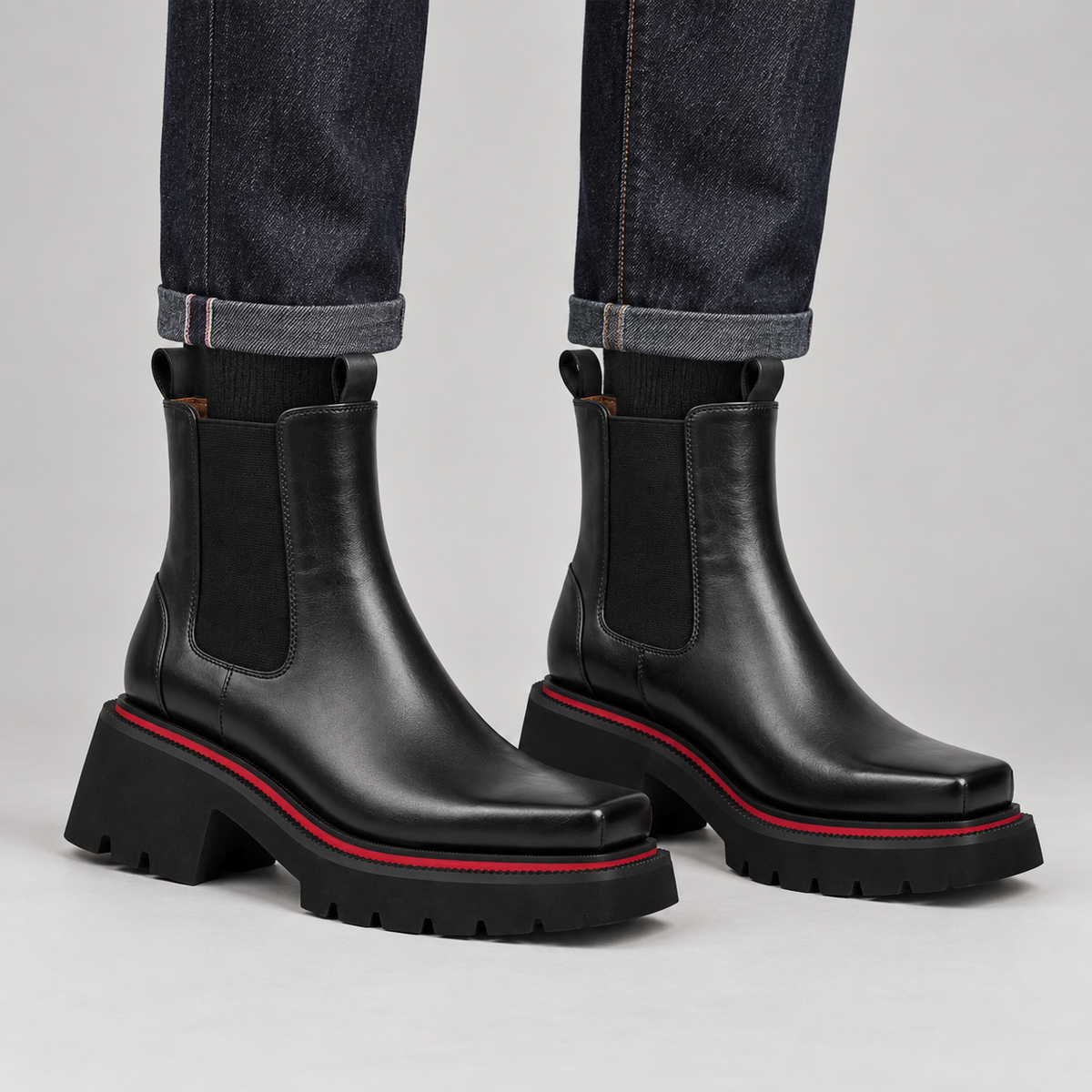 Black glossy lug-sole square-toe Chelsea ankle boots on foot