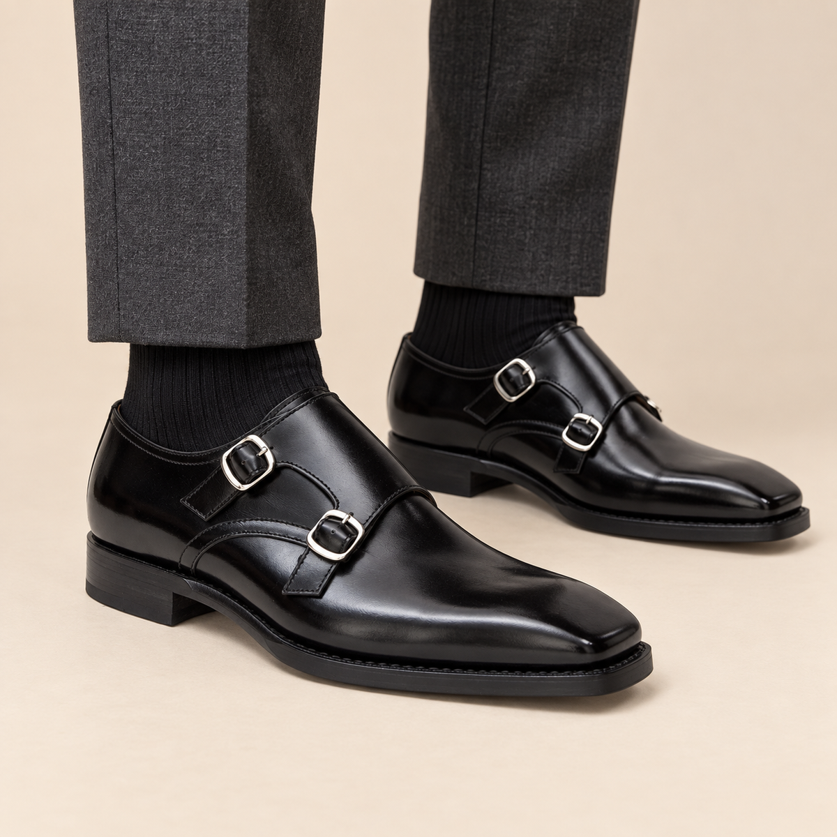 DIVINCH D838 black square-toe double monk strap shoes on-foot hero