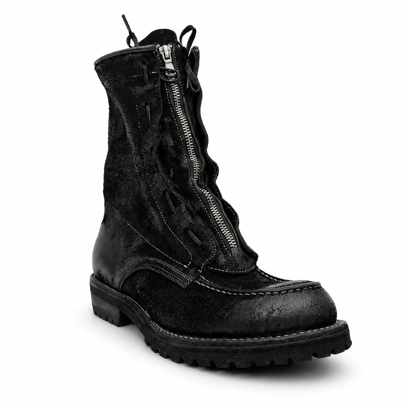 DIVINCH 5001B black textured zip lace-up boot front three-quarter view