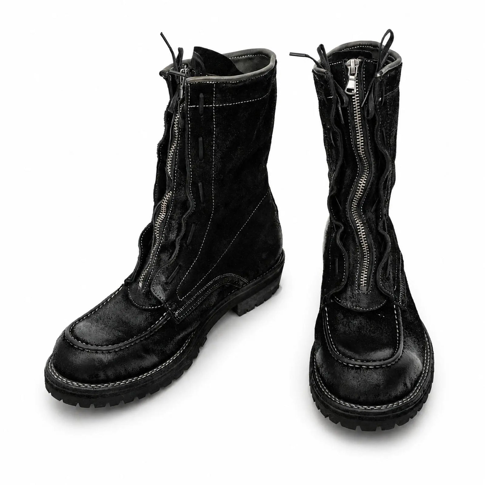 DIVINCH 5001B black textured zip lace-up boots top and front view