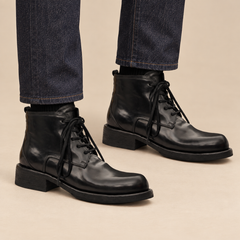 DIVINCH 262310B black glossy horsehide plain-toe ankle boots on foot