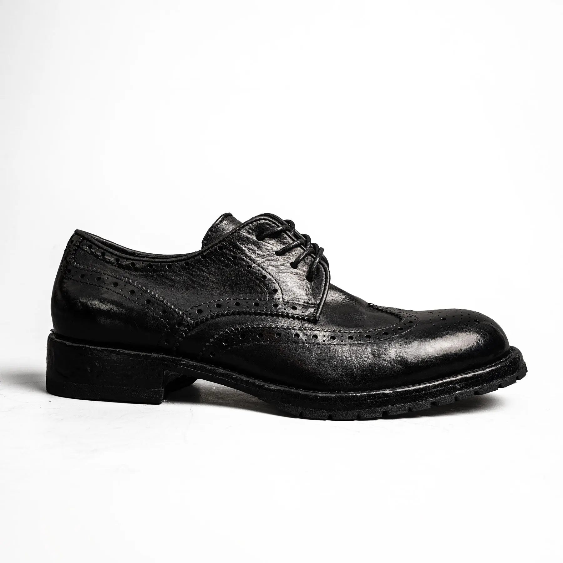 Black Washed Leather Brogue Derby Shoes