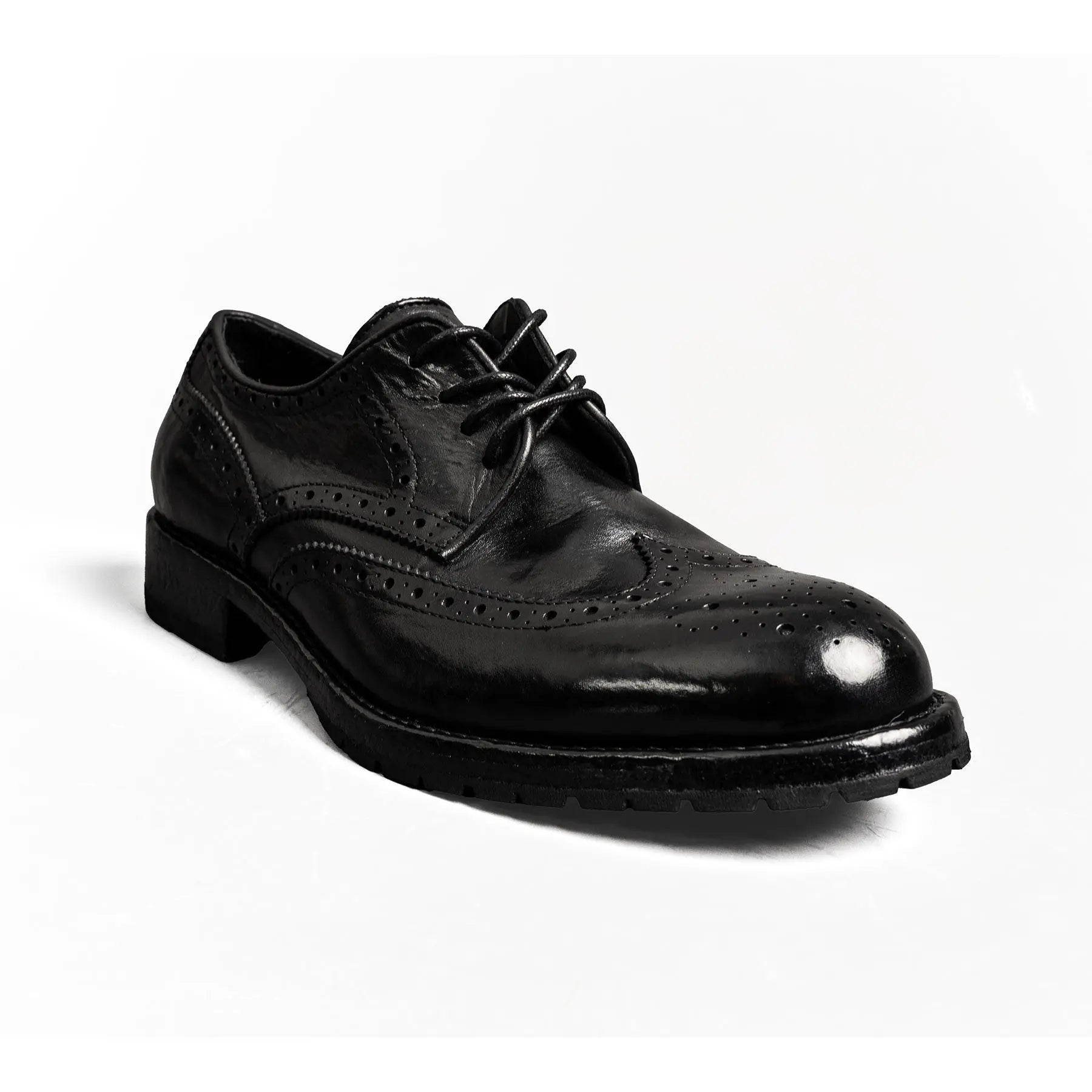 Black Washed Leather Brogue Derby Shoes
