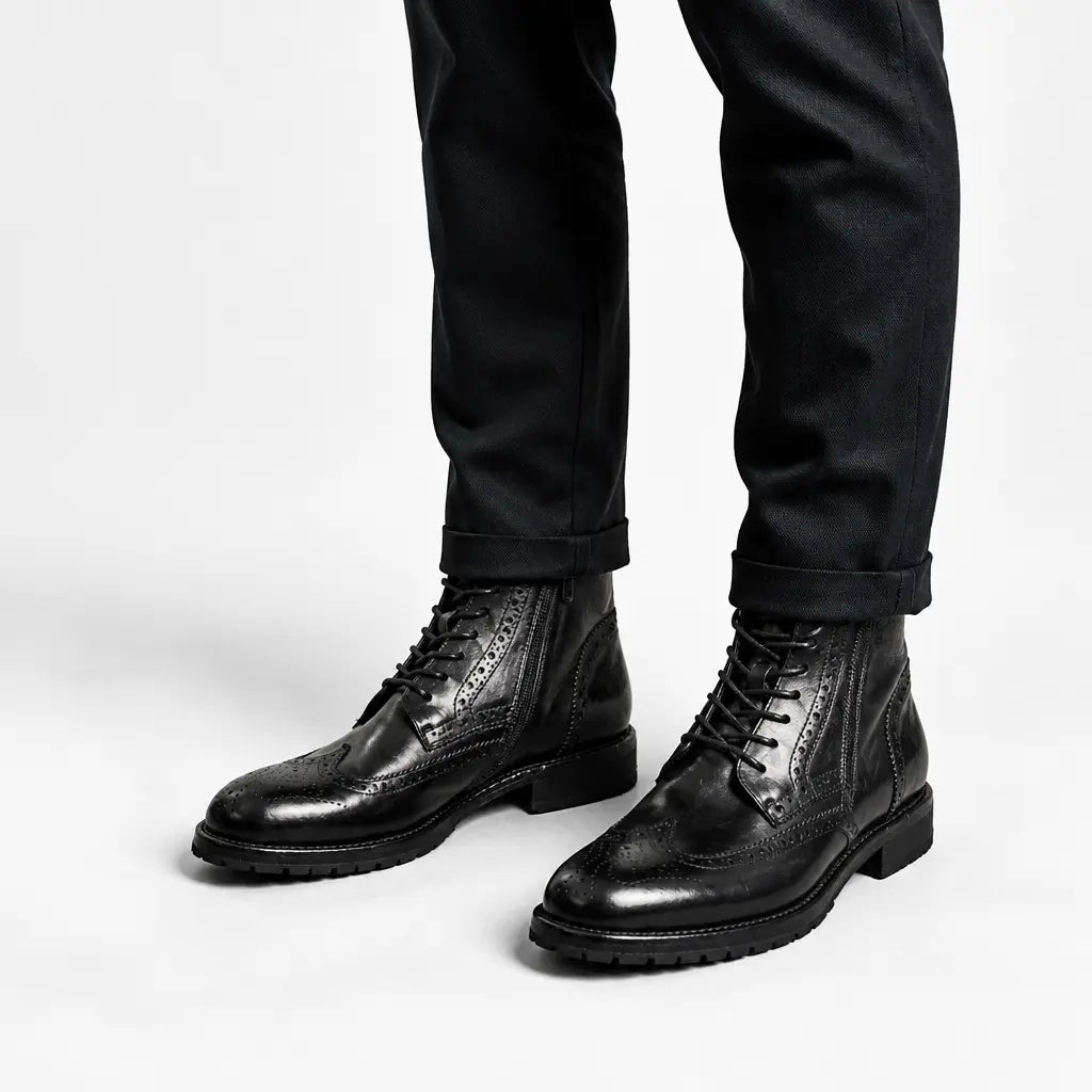 Black Washed Leather Brogue Martin Boot