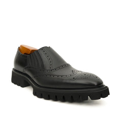 Black Wingtip Brogue Slip-On Shoes with Lug Sole DIVINCH