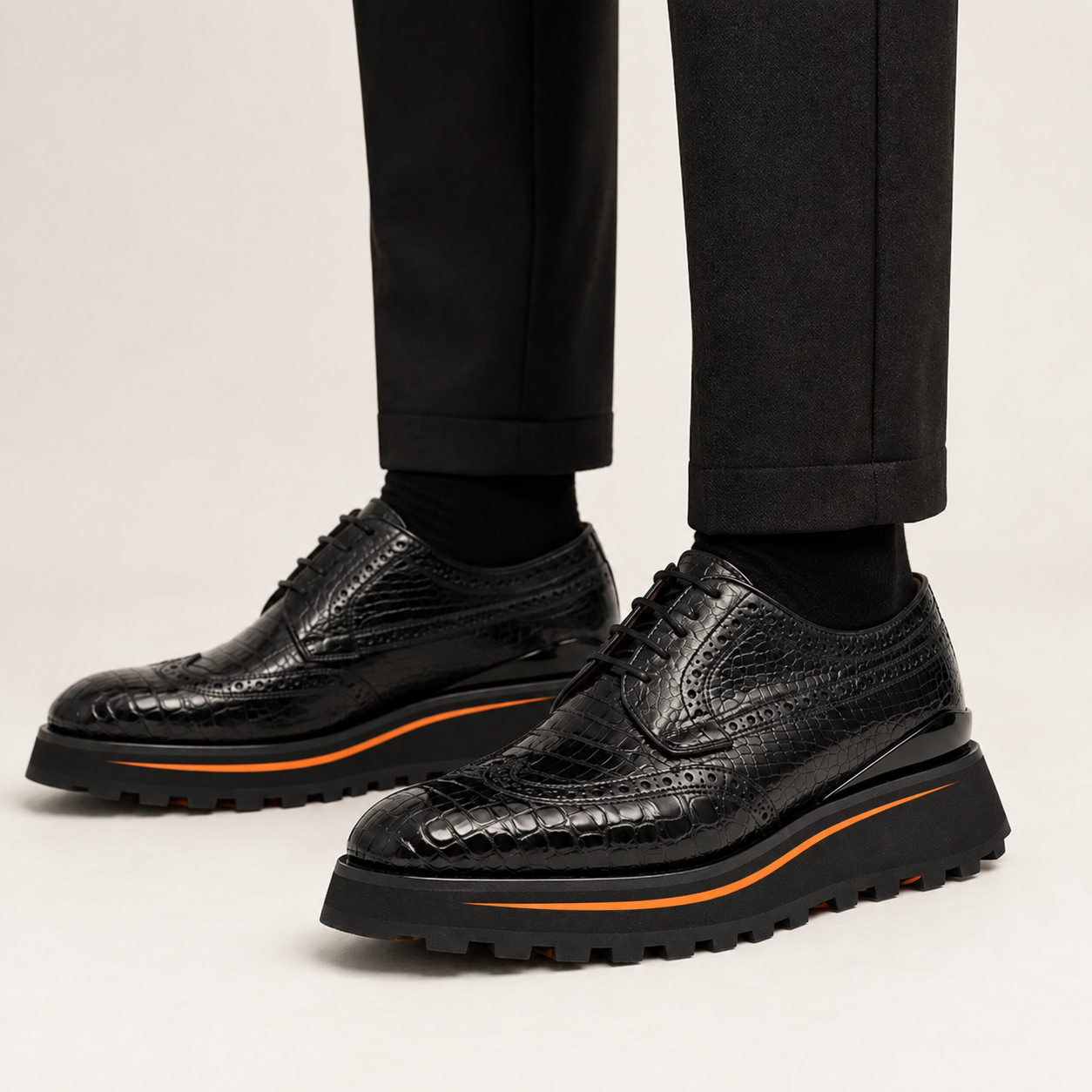 Black Wingtip Crocodile Leather Derby Shoes Divinch