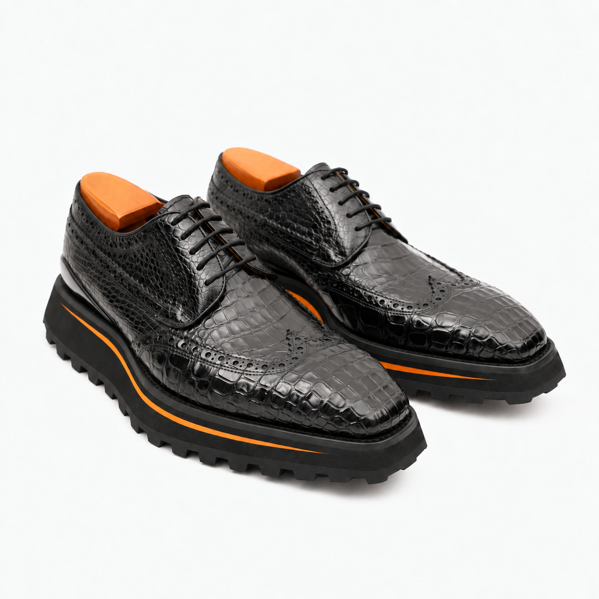 Black Wingtip Crocodile Leather Derby Shoes Divinch
