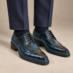Dark Blue Apron-Toe Derby Shoes with Scale-Pattern Texture — DIVINCH 8002