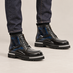 DIVINCH 6211C blue-shaded black glossy lug-sole apron-toe ankle boots on foot