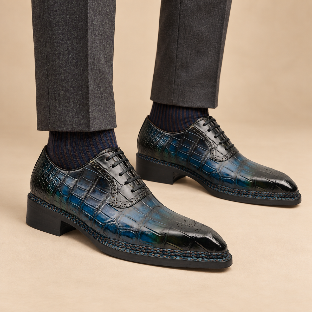 8015 black and blue glossy textured lace-up dress shoe — balanced on-foot hero