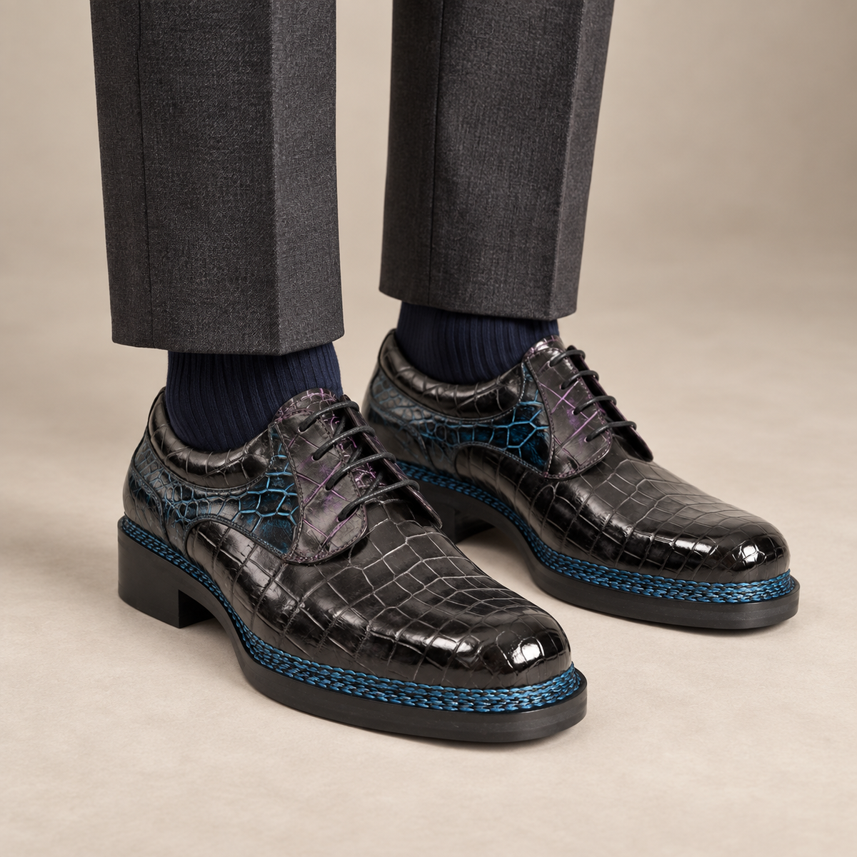 Teal Blue Cap-Toe Derby Shoes with Scale-Pattern Texture — DIVINCH hero image