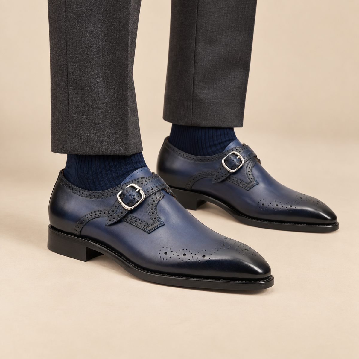 DIVINCH D808 Dark Blue Single Monk Shoes on-foot hero