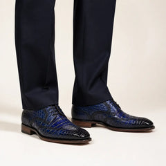 DIVINCH blue crocodile Derby dress shoes — on-foot studio view