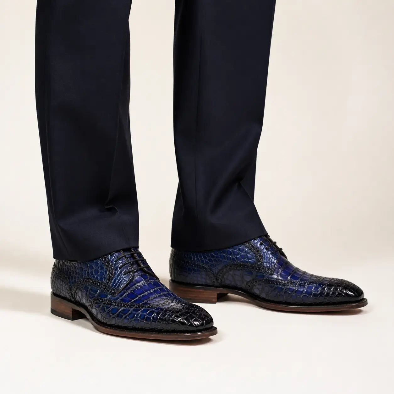 DIVINCH blue crocodile Derby dress shoes — on-foot studio view